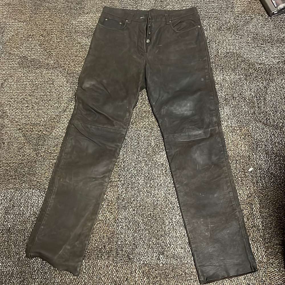 chocolate brown buffalo hide mens leather jeans, waist 30-32, 33 inseam